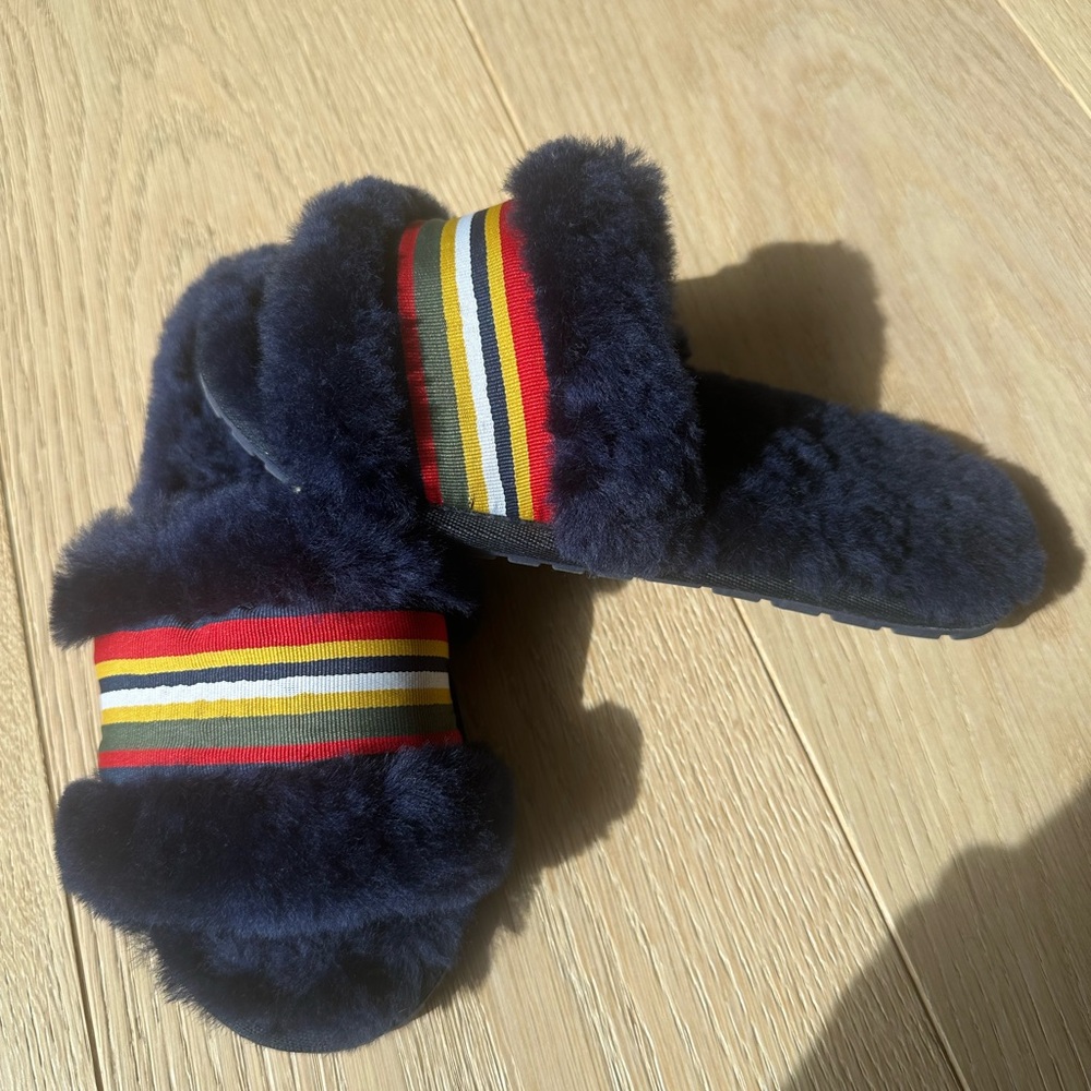 EMU Australia Fuzzy Navy Slippers with Striped Band
